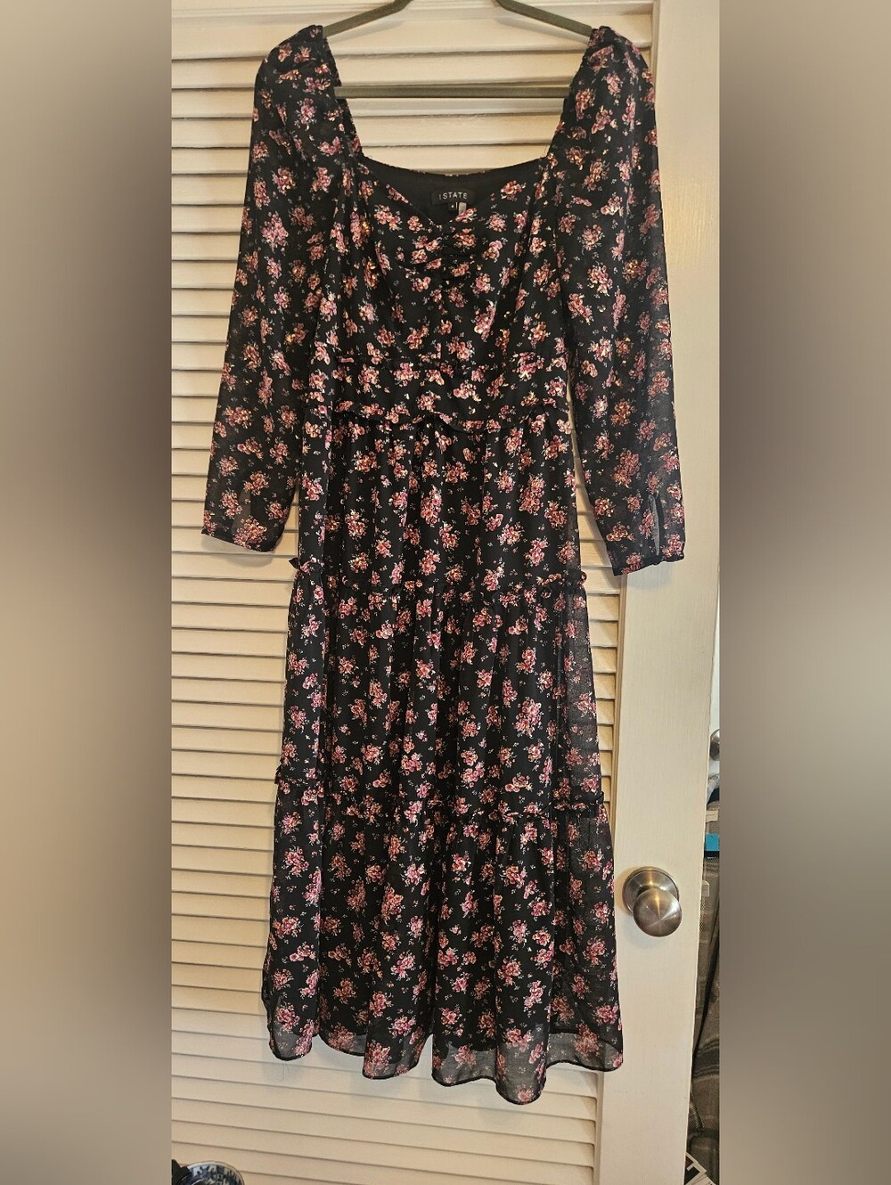 1. State Black Midi Dress with Pink Floral Print & Gold Metallic Details  SZ 4